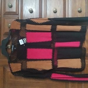 T& W Designs jacket, multicolored, patch pattern with  crochet details, size s